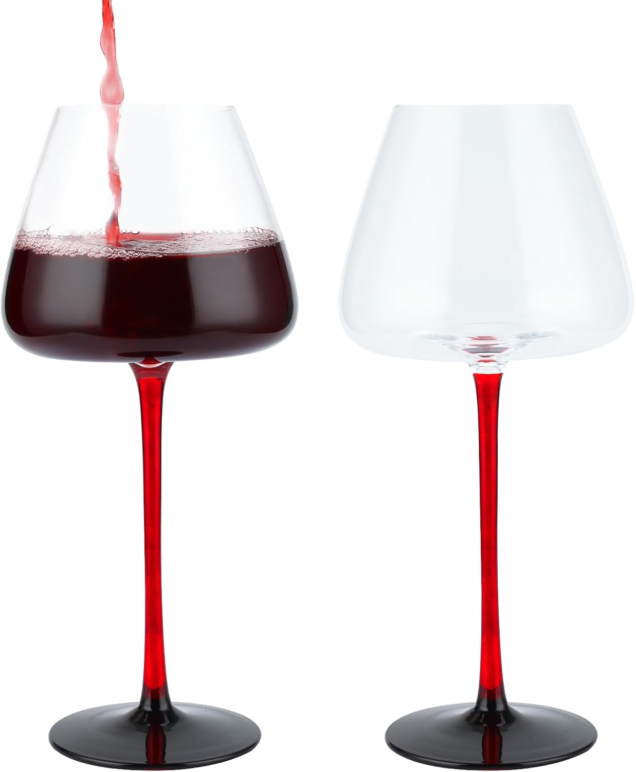 sugarchef Juego de 2 copas de vino tinto grandes modernas de 25 onzas sopladas a mano con tallo rojo base negra para boda, aniversario, día del