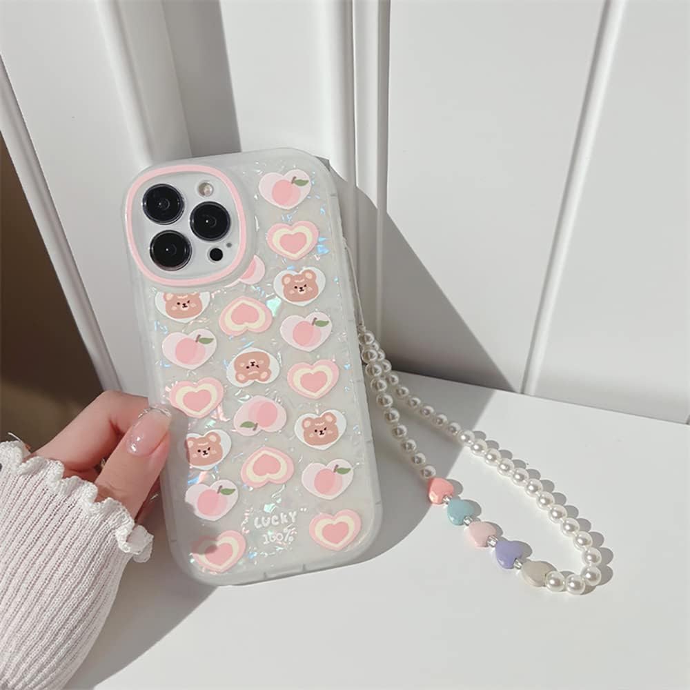 Fycyko Funda compatible con iPhone 15 Pro Max con cadena, bonita funda estética con diseño de corazón y oso con dije de perla para iPhone 15 Pro Max