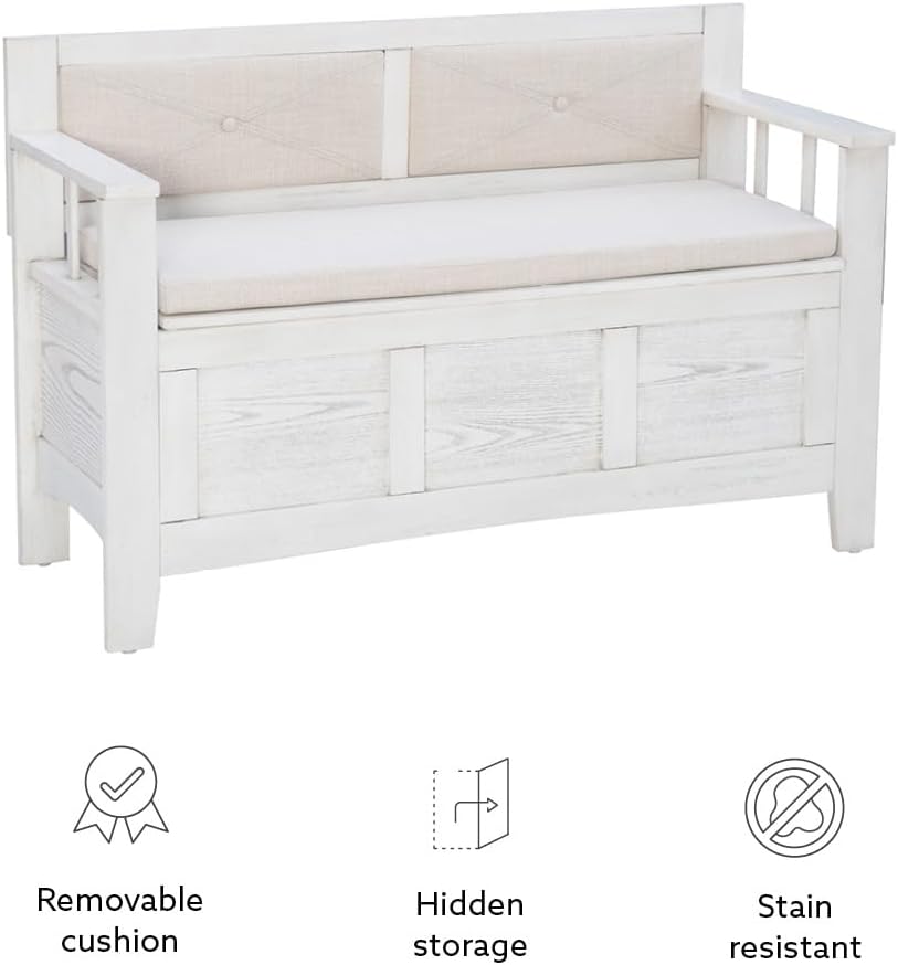 Linon Carlton – Banco de almacenamiento blanco con respaldo tapizado beige y asiento acolchado, gris ahumado