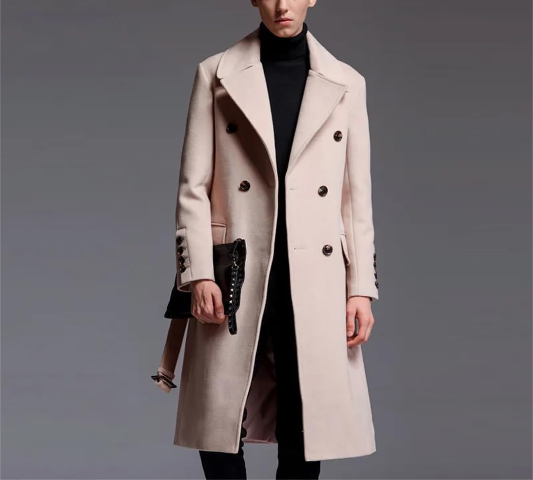 Mens Long Woolen Coat Autumn Winter Artifical Cashmere Over Coat Business Causal Beige Outwear