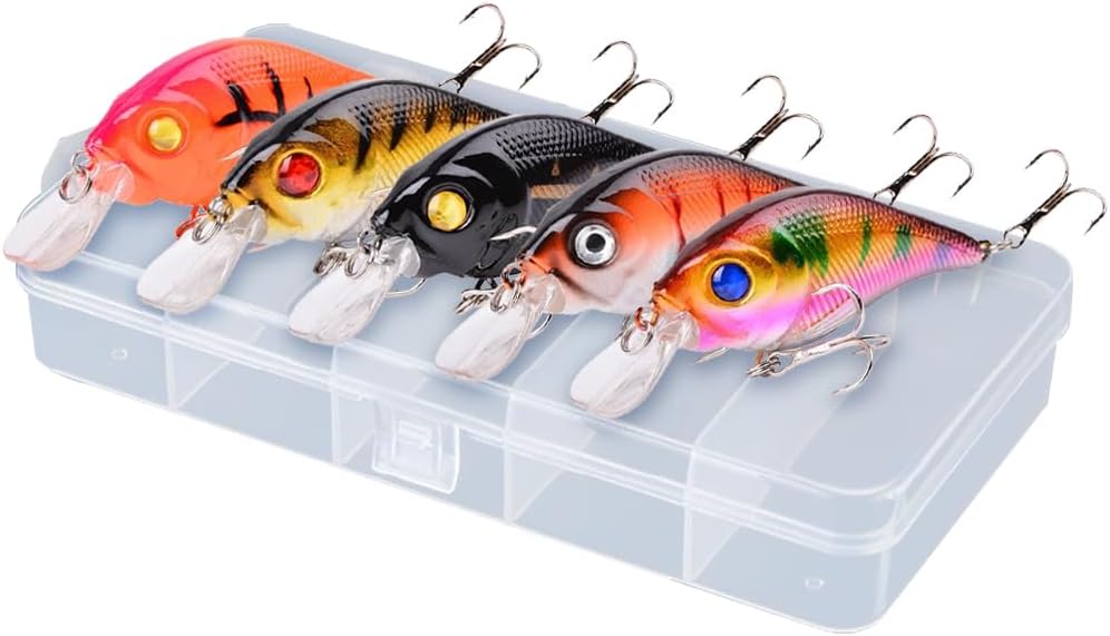 Naiveferry Kit de 5 señuelos de crankbait, kit de señuelos de pesca Crankbait con ganchos agudos, señuelos de pesca para aparejos falsos, accesorios