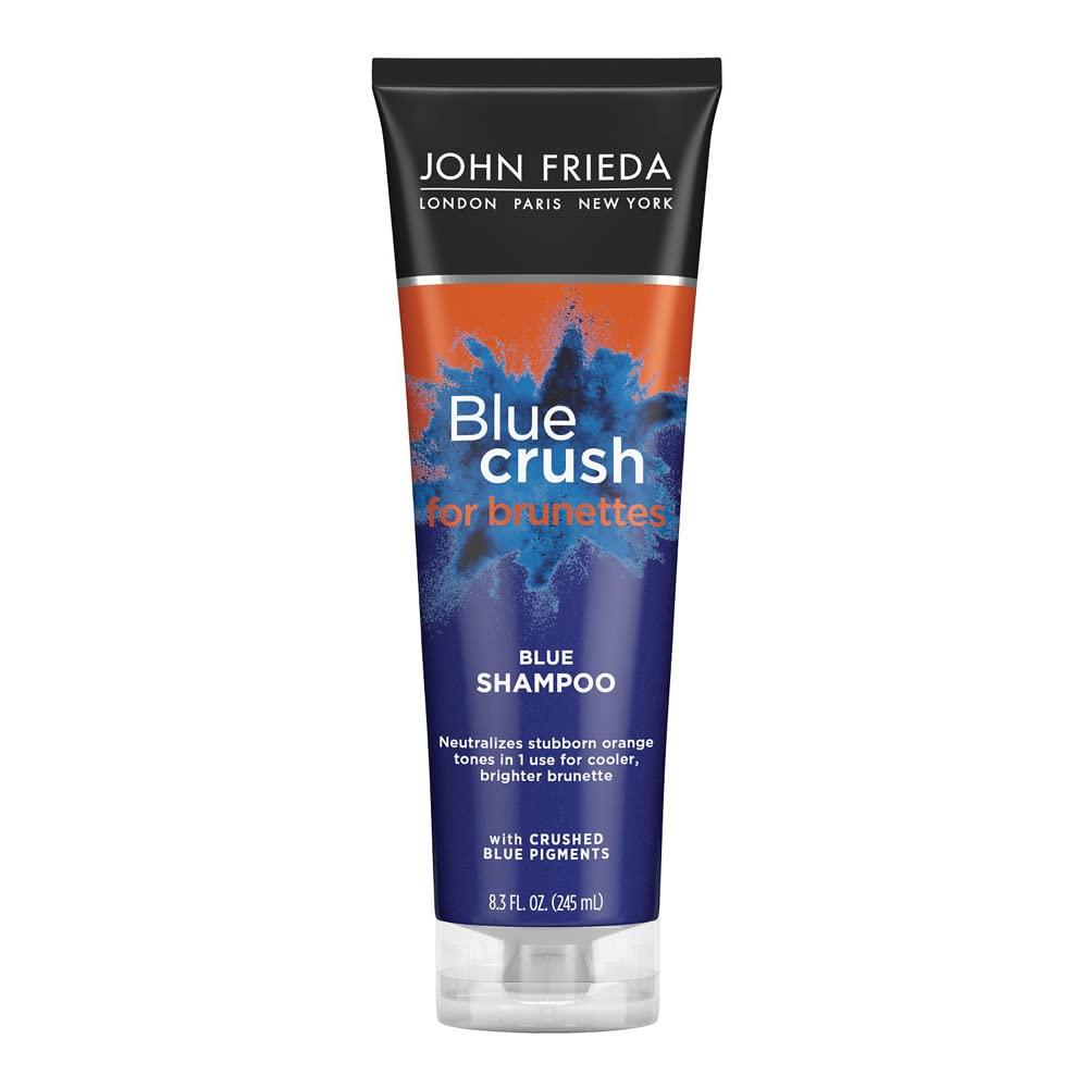 John Frieda Blue Crush for Brunettes Blue Champú, 8.3 onzas líquidas, neutraliza los tonos cobrizos, champú tonificante para cabello teñido y morena