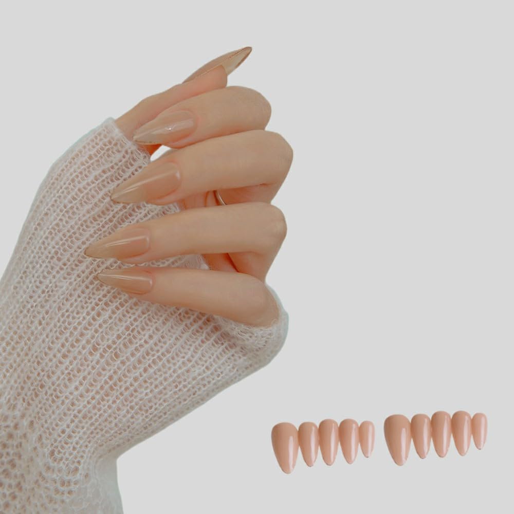 Uñas postizas a presión de gel nude con forma de almendra, uñas hechas a mano, uñas francesas a presión, uñas postizas con pegamento para mujeres y