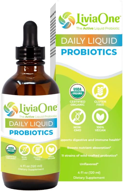LiviaOne Daily Liquid Probiotics, probióticos orgánicos certificados por USDA, probióticos veganos sin alérgenos y sin gluten para mujeres y