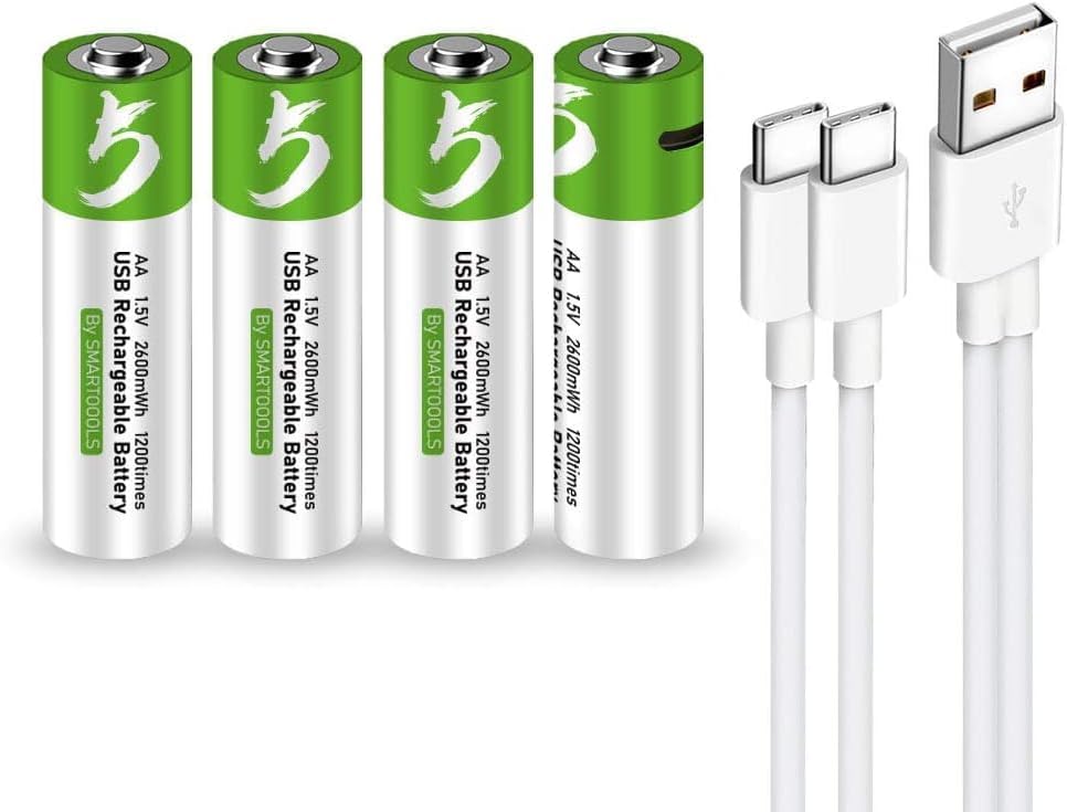Batería recargable USB AA de iones de litio, batería AA recargable de alta capacidad de 1.5 V 2600 mWh, carga rápida de 1.5 H, 1200 ciclos con cable