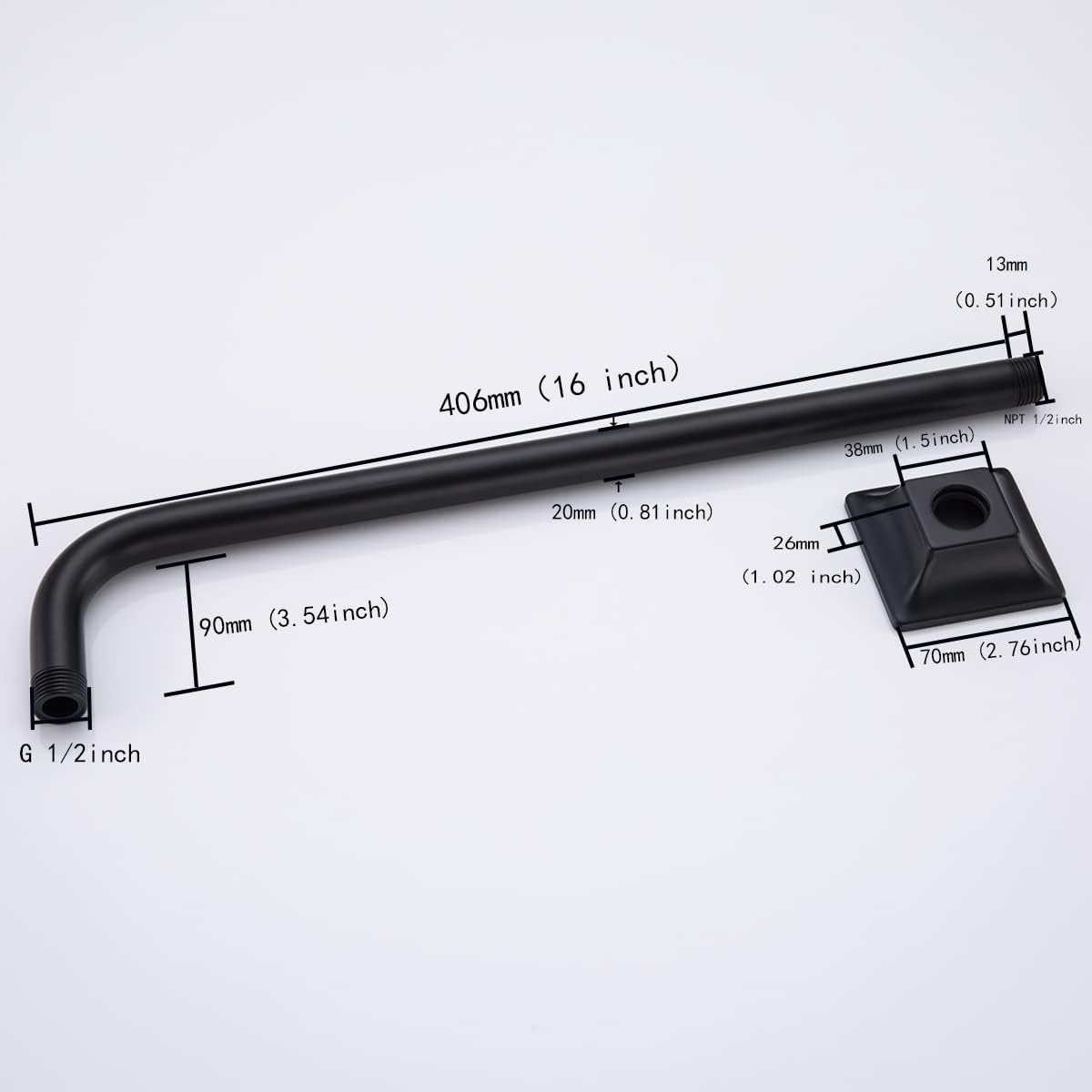 Brazo de ducha de barrido de 16″ largo montado en la pared Extensión de cabezal de ducha negra con brida cuadrada, conexión estándar de 12″
