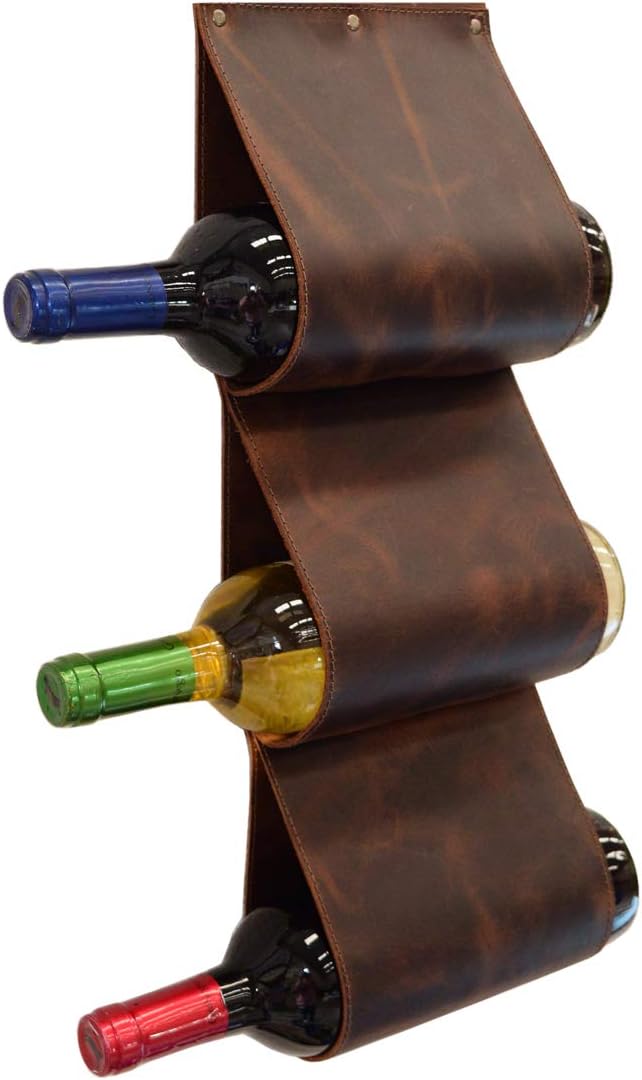 Hide & Drink, Botellero de cuero 3 botellas, montado en la pared, almacenamiento moderno, accesorios para el hogar y la cocina, hecho a mano Incluye