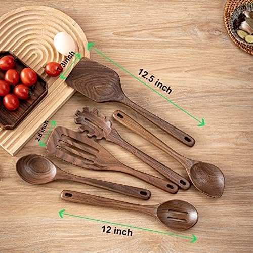 Gudamaye Cucharas de madera de nogal negro de 12 pulgadas para cocinar, 6 cucharas largas de madera Handel, utensilio de madera de nogal negro