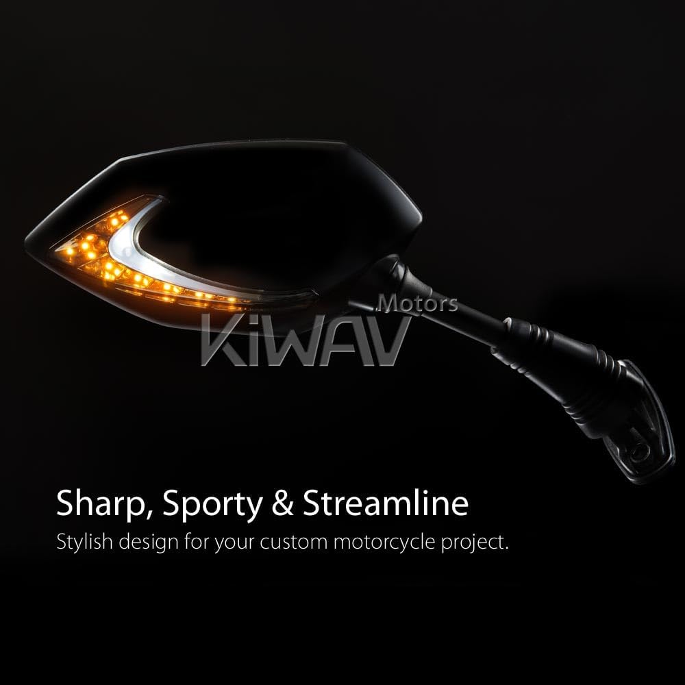 KiWAV Espejos de motocicleta Lucifer – Soporte de carenado integrado con doble luz LED de 2 colores, blanco y ámbar, indicadores de giro de
