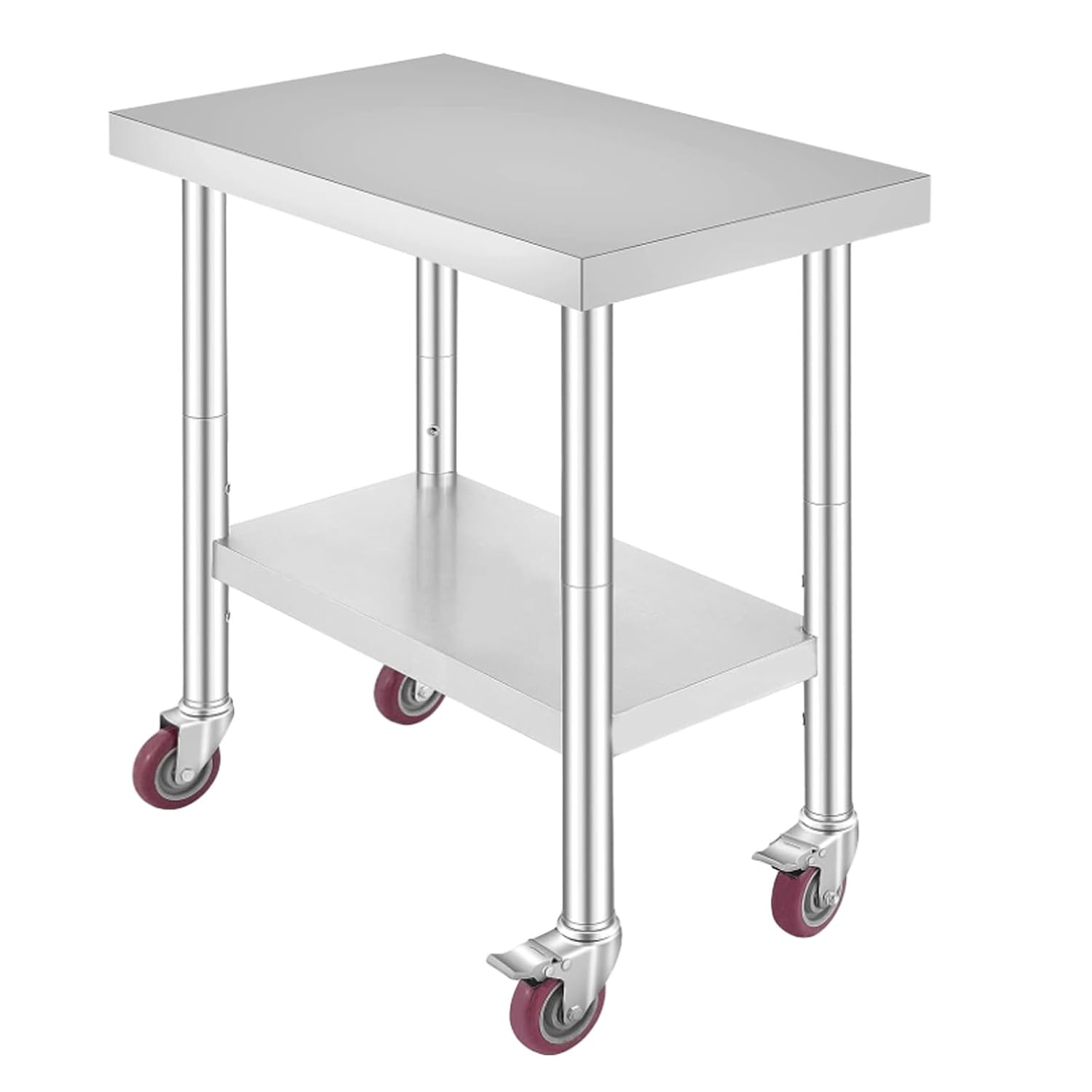 TECSPACE Mesa de trabajo de acero inoxidable con ruedas de 30 x 18 pulgadas, mesa de trabajo comercial resistente con estante inferior y ruedas,