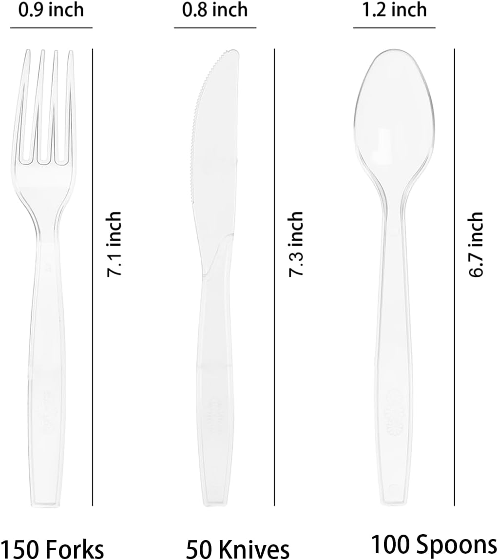 300 cubiertos de plástico transparente, tenedores de plástico pesado, cucharas, cuchillos, utensilios desechables para suministros de fiesta de