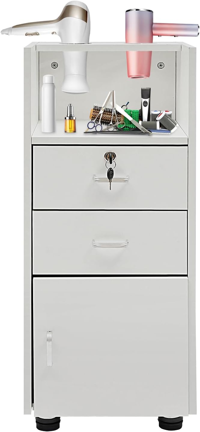 Gabinete de almacenamiento para estaciones de peluquería de 5 capas con cajón y ruedas, 2 soportes para secador de pelo, para estilista, peluquería,