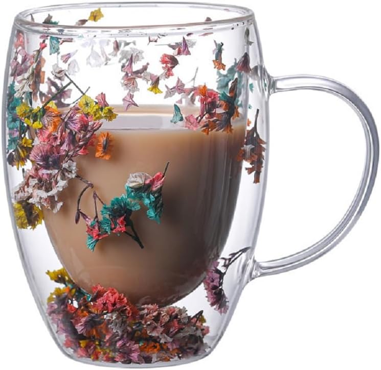 Tazas de café de vidrio de doble pared de 10 onzas con asa, tazas de té, vasos de bebidas, taza de té, taza de leche, un derroche de color, novedosa