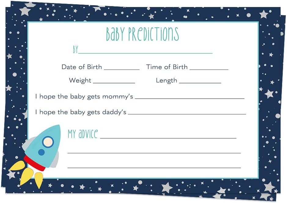 Predicciones espaciales para baby shower sobre nuevas tarjetas para bebé, actividades de juego para baby shower, barco cohete, espacio exterior,