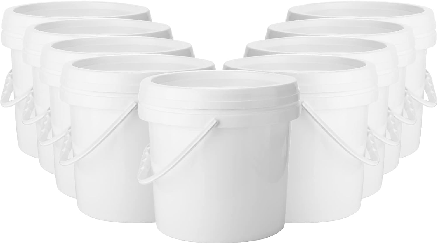 Gerrii Paquete de 10 cubos de plástico blanco con asa y tapa, contenedores de almacenamiento de alimentos, cubo multiusos para pintura, agua,