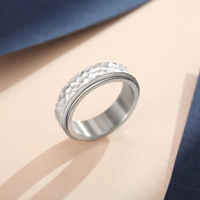 Fidget Rings for Anxiety for Women Girls Stainless Steel SilverGoldBlack Anxiety Relieving Spinner Ring Hammered Finish