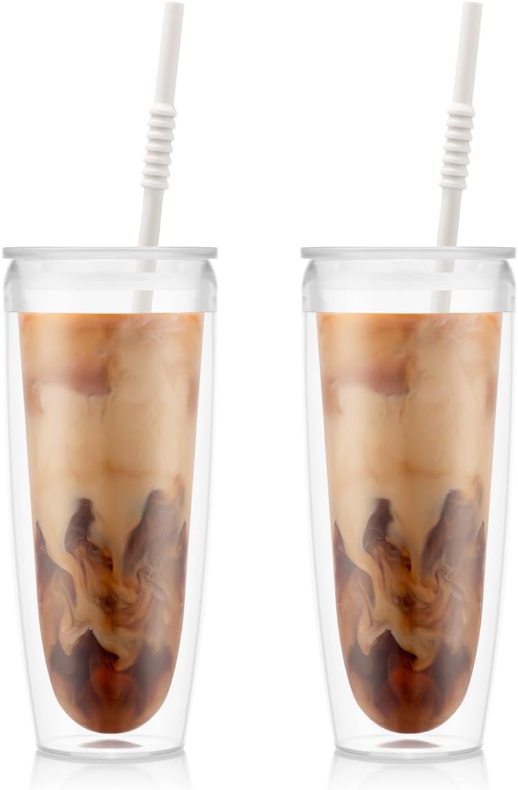 Bodum Pavina To Go – Vasos aislados de doble pared con tapa y popote, 24 onzas, plástico libre de BPA, paquete de 2