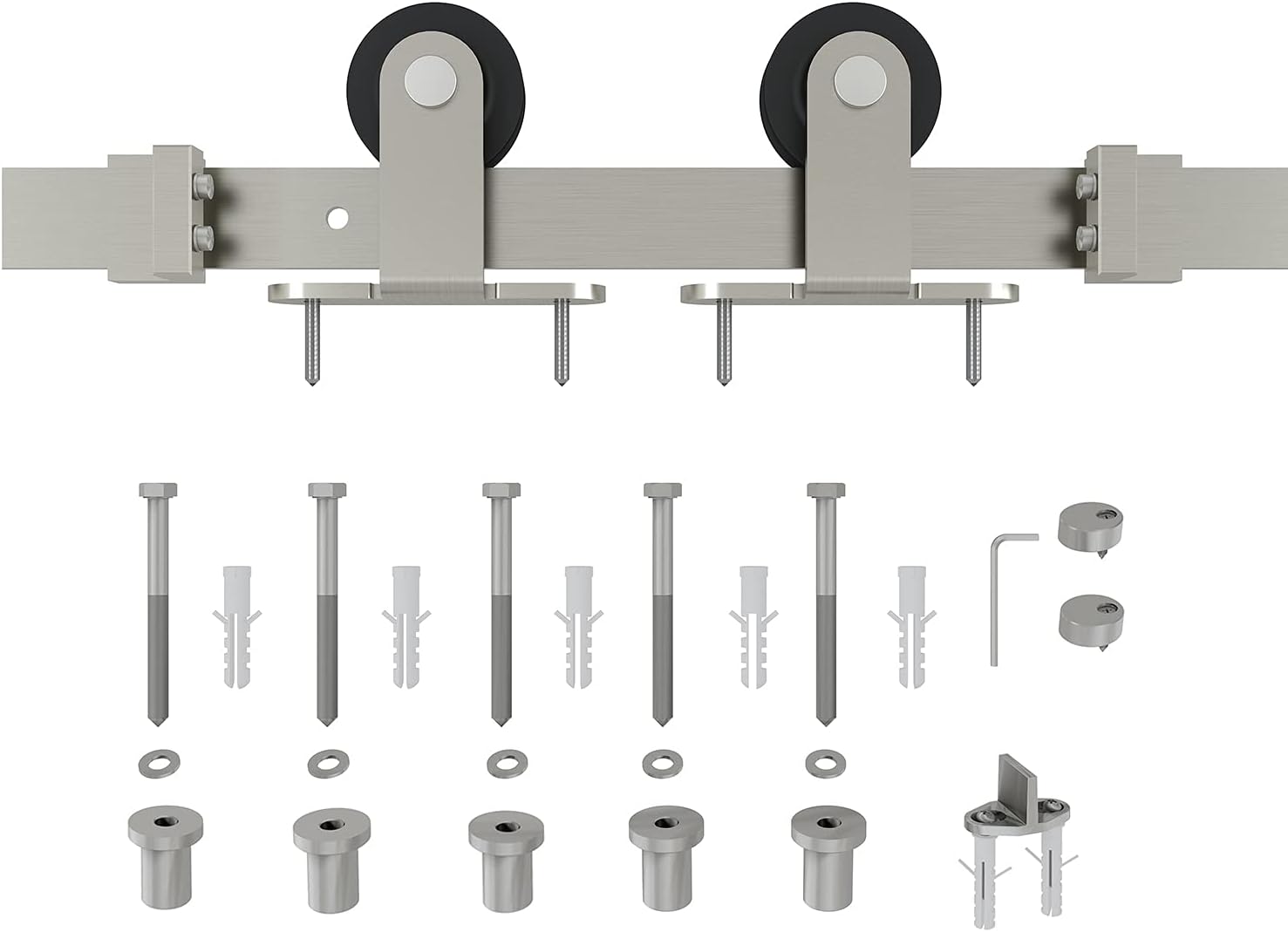 JUBEST Kit de herrajes para puerta corrediza de granero de níquel cepillado de 6 pies, kit de riel plano de rodillo para colgar suave y