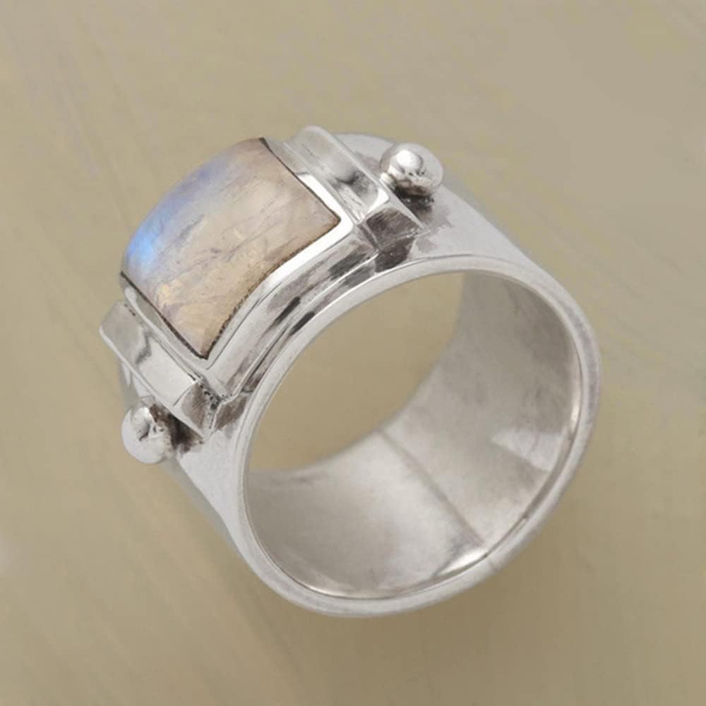 Anillos de plata vintage, anillo conmemorativo de compromiso con piedra lunar y gema natural, tamaño 5-11 para mujeres y niñas (10)