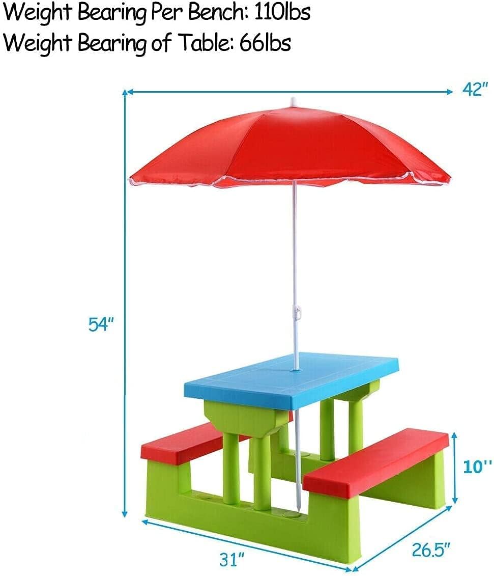 BETTARY – Juego de mesa y silla de picnic para niños pequeños, juego de mesa y banco para niños con paraguas extraíble, juego de mesa de picnic