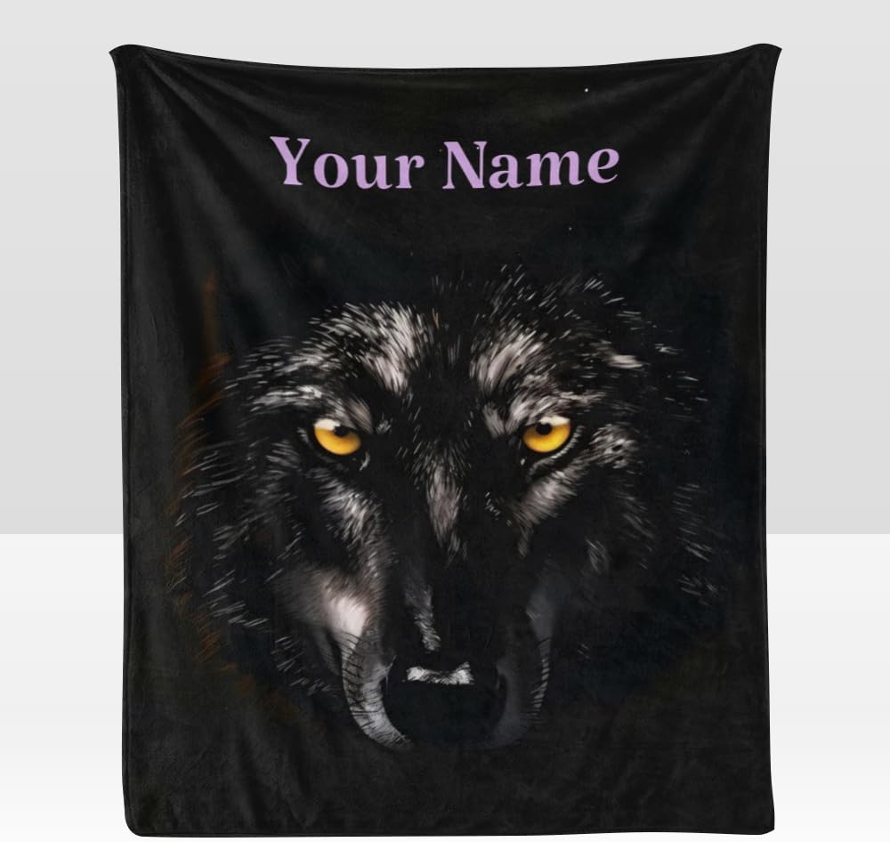 Manta personalizada con el texto de tu nombre, manta de forro polar supersuave de lobo negro para sofá, cama (50 x 60 pulgadas)