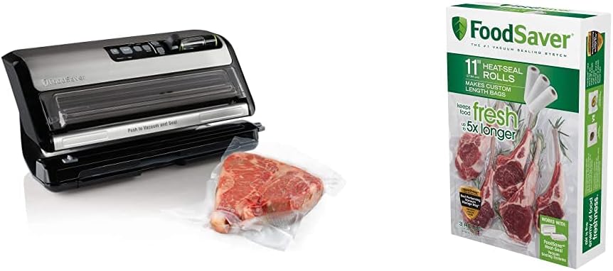 FoodSaver FM5200 Máquina selladora automática al vacío 2 en 1 con máquina de bolsas Express  Plata, 9.3 x 17.6 x 9.6 pulgadas y rollo de sellado al