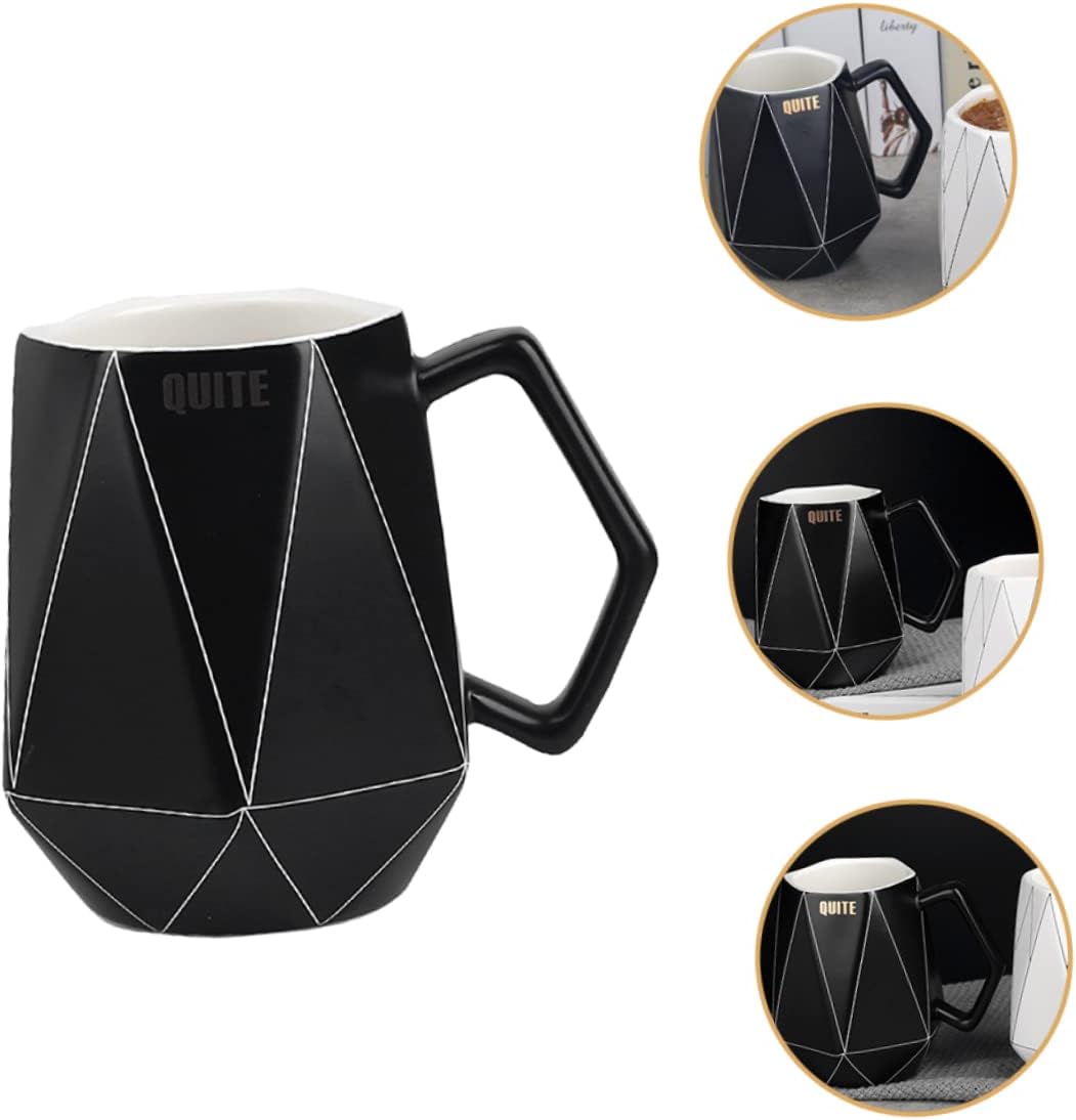 RORPOIR Mug Tea Cup with Lid Vintage Tea Cups Cappuccino Cup Black Ceramic Tea Cup Geometric Line Ceramic Cup Coffee Cup With Cover Water Cup
