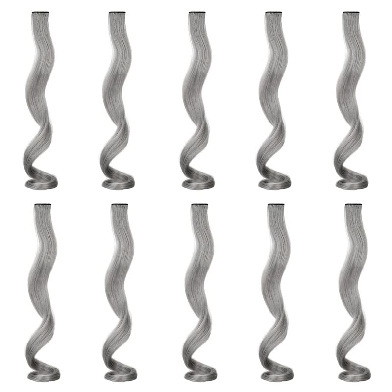 10 extensiones de cabello de colores con reflejos para fiesta, color gris claro, rizado, ondulado, postizo con clip en rayas sintéticas para niños,