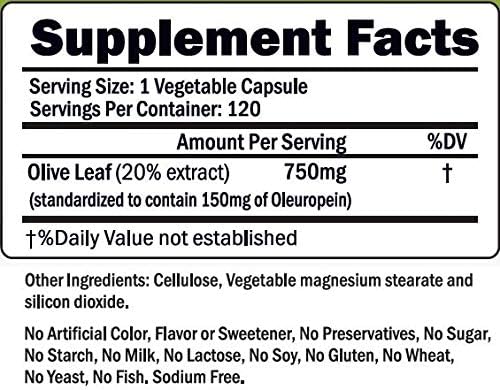 Extracto de hoja de olivo  750 mg  120 cápsulas  Extra fuerte  20% oleuropeína  Fórmula sin OMG  Calidad premium de hojas de olivo puro  Potente