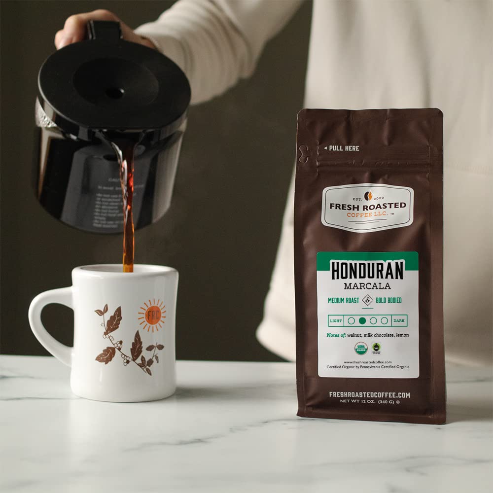 Fresh Roasted Coffee, Marcala hondureña orgánica, 12 onzas, tostado medio, Kosher, grano entero