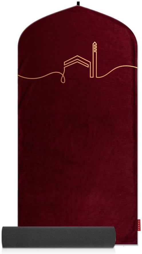 TAKVA Tapete de oración prémium  Colección Kaaba (ComfitPlus, Kaaba Maroon) Alfombra acolchada de espuma viscoelástica para oración, musulmana,