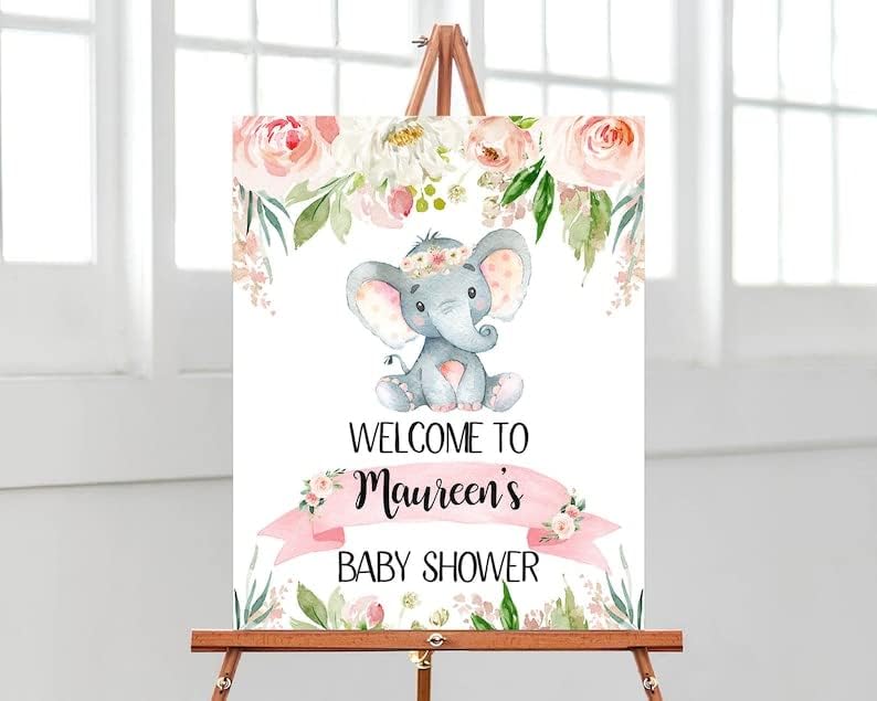 Letrero de bienvenida para baby shower, cartel de bienvenida de elefante para niña, baby shower, cartel de bienvenida de elefante floral, decoración