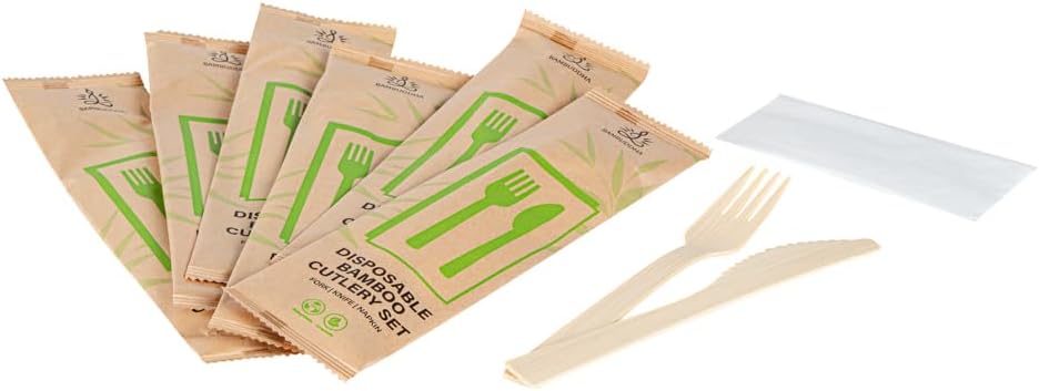 Restaurantware Bambuddha – Juego de utensilios de bambú de 7 pulgadas, 100 utensilios de bambú desechables, cuchillo y servilleta, acabado liso,