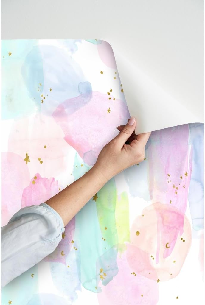 Spoonflower Papel tapiz para despegar y pegar, diseño de estrellas de acuarela de arcoíris, dorado, algodón, caramelo, pastel, unicornio, papel