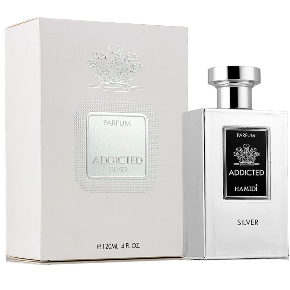 HAMIDI Addicted Silver Parfum 4.1 fl oz 4 FL.OZ, fragancia de larga duración, perfume para hombres