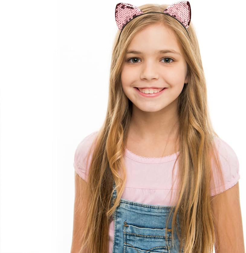 Diadema reversible con orejas de gato, con lentejuelas brillantes, para niñas y mujeres, 6 unidades