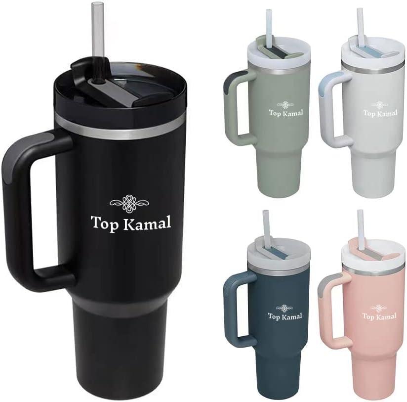 Quencher – Vaso de acero inoxidable de 40 onzas con aislamiento al vacío con tapa y popote para agua, helado, té, café y viaje, mantiene el frío