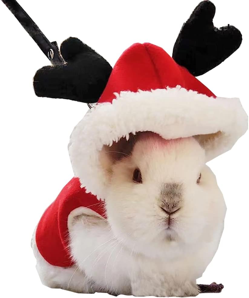 Disfraz de Navidad de animales pequeños para conejo, gatito, alce, capa con cuernos de ciervo, ropa de conejo con correa de conejo, traje de