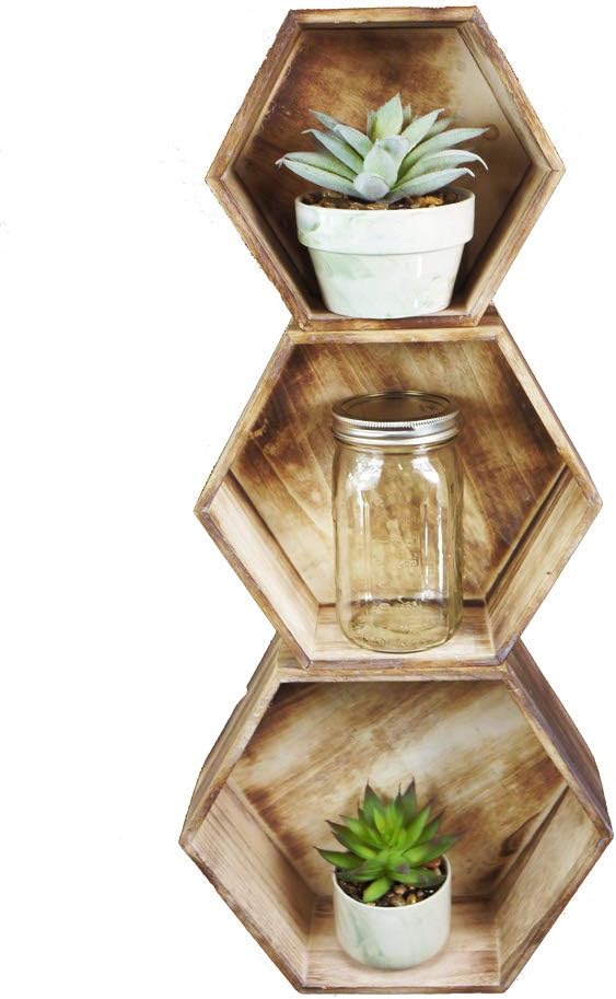 Admired By Nature – Juego de 3 cajas de madera color marrón de 11.8 pulgadas ABN5E100-NTRL – Recipiente hexagonal