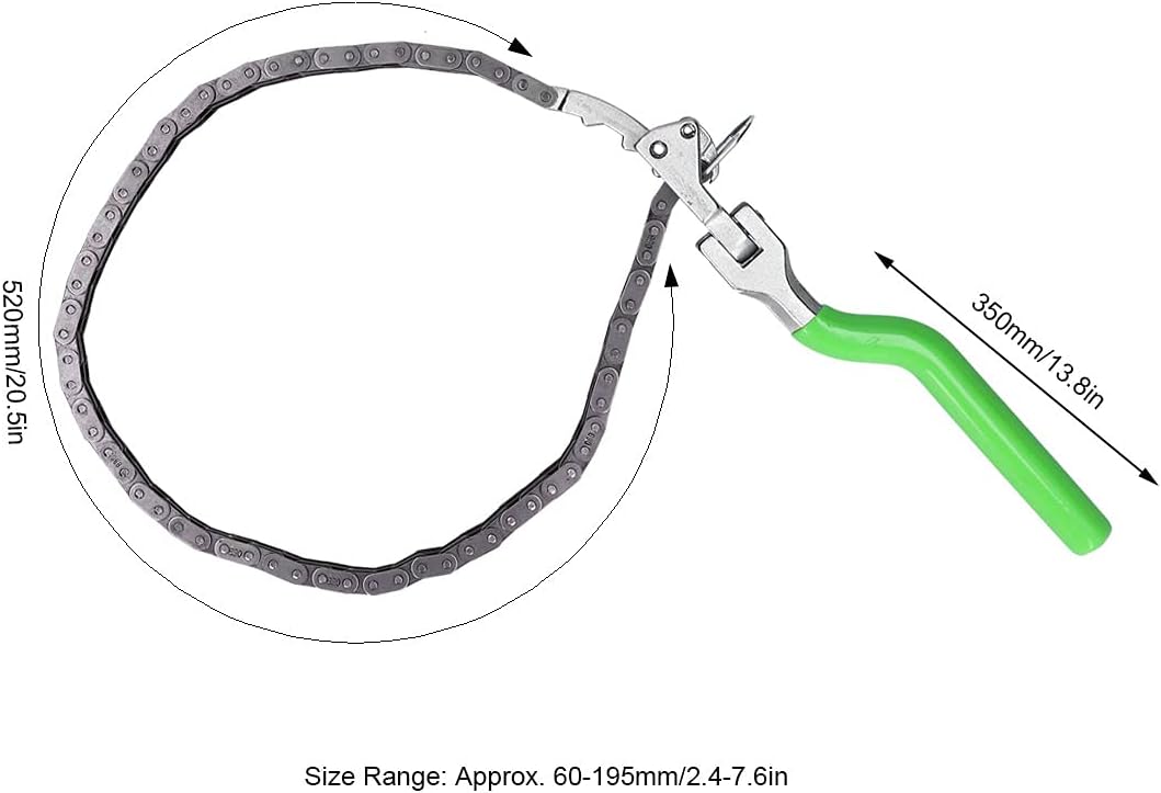 Llave de filtro de aceite tipo cadena, llave de cadena resistente (2.4-7.6 pulgadas) herramienta de reparación de mango largo