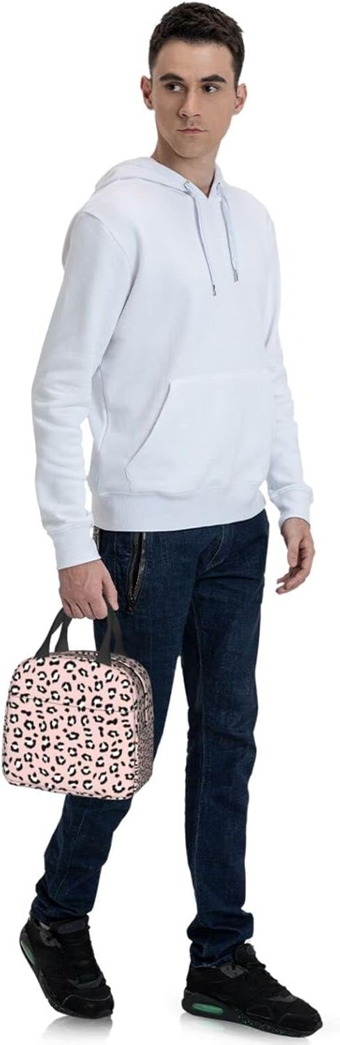 Bolsa de almuerzo portátil con patrón de piel de leopardo rosa para mujeres y hombres, bolsa de almuerzo reutilizable para