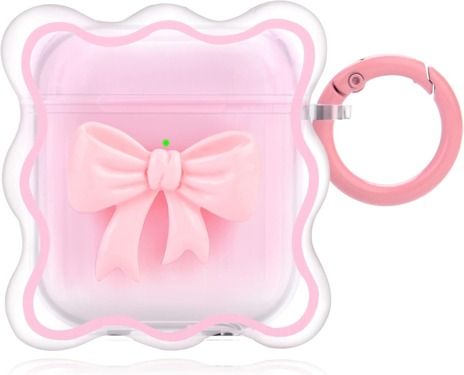 Bonita funda para AirPod con llavero de lazo rosa, diseño degradado transparente, borde ondulado, funda protectora suave compatible con AirPods de 1