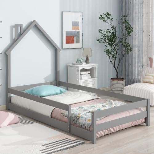 Base de cama individual para niños, cama Montessori de tamaño individual con cabecera y barandillas en forma de casa, camas de madera de tamaño