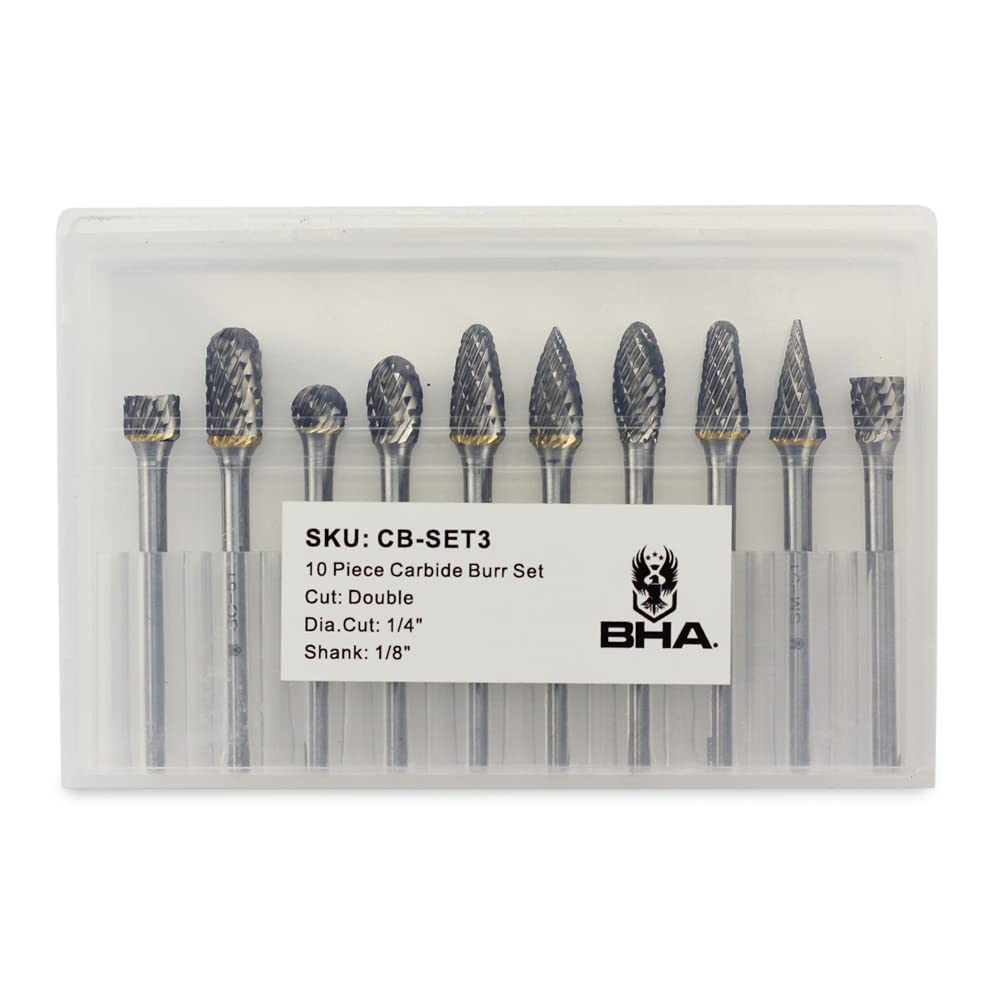 BHA Juego de brocas rotativas de carburo de tungsteno para grabado de metal y trabajo de precisión, doble corte con vástago de 18 pulgadas, 10 piezas