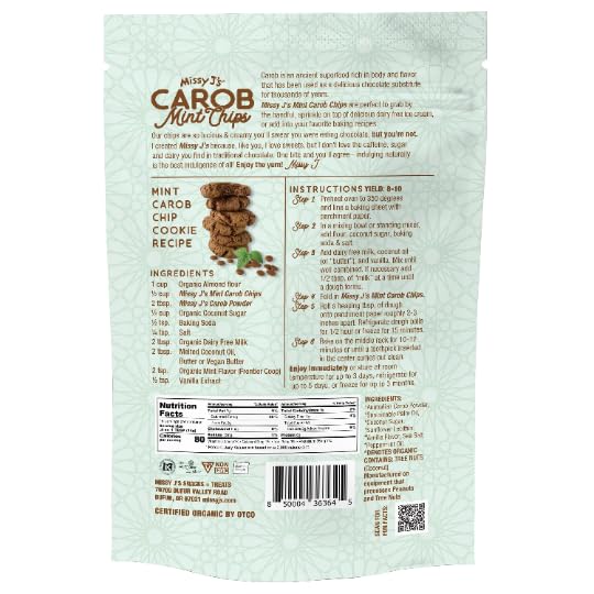 Missy J’s Chips de algarroba de menta orgánica de 8 onzas, hechas con azúcar de coco, vegano, sin gluten y cafeína, sustituto saludable del