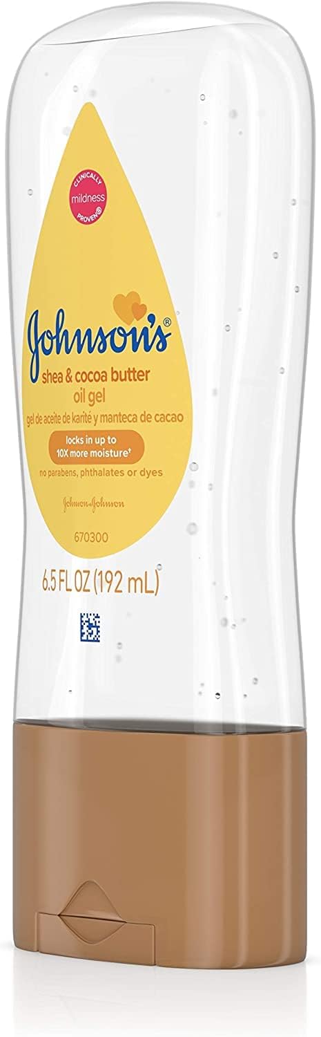 Johnson’s – Gel de aceite para bebé enriquecido con manteca de karité y cacao, ideal para masaje de bebés, 6.5 onzas líquidas (paquete de 2)