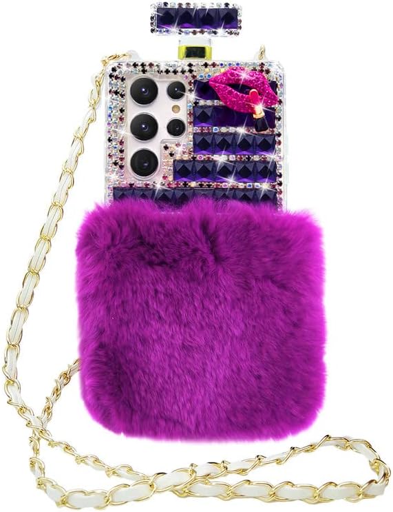 LUVI Compatible con Galaxy S22 Ultra – Funda para botella de perfume para mujeres y niñas, bonita felpa peluda 3D Bling Diamond Glitter Crystal