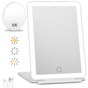 FUNTOUCH Espejo de maquillaje de viaje recargable con luces y espejo de aumento de 10X, espejo de tocador iluminado portátil con 80 LED, batería de FUNTOUCH Espejo de maquillaje de viaje recargable con luces y espejo de aumento de 10X, espejo de tocador iluminado portátil con 80 LED, batería de