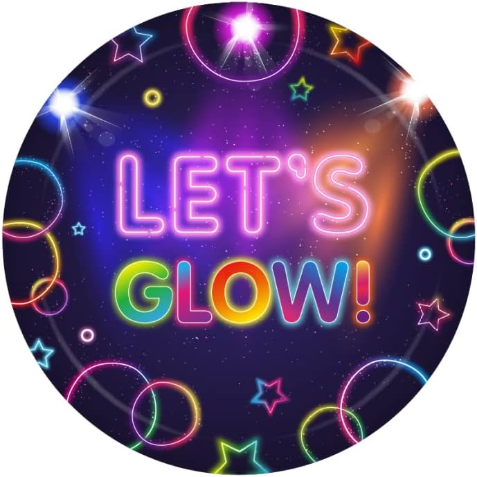 Glow – Juego de vajilla para fiesta de cumpleaños sirve para 24 platos de papel desechables que brillan en la oscuridad de 7 pulgadas, platos de