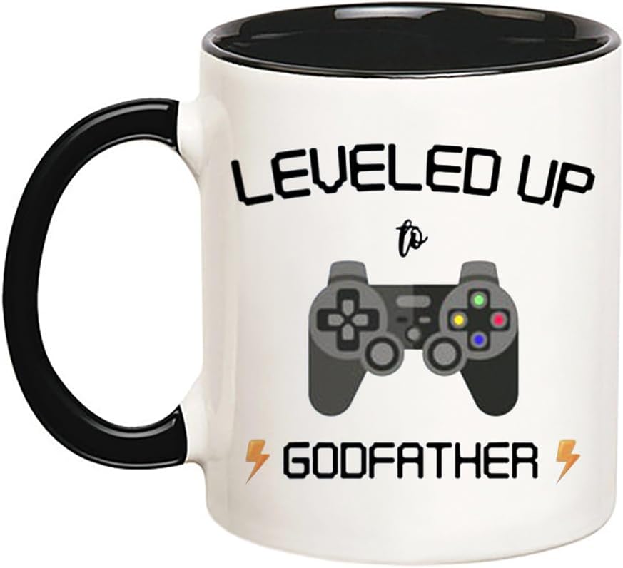 Taza de café Leveled Up To Godfather para jugadores, taza de café novedosa de 11 onzas